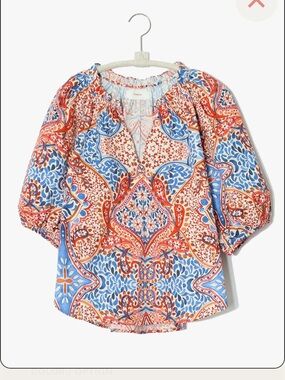 XiRENA Paisley Peasant Blouse in Blue & Coral